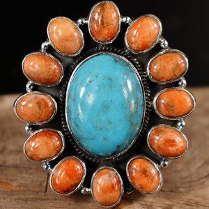 $675 BIG! TURQUOISE & CORAL Navajo Handmade Sterling Silver Ring (Adjustable)